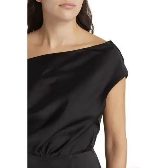 WAYF Black Satin Jumpsuit One Shoulder - Picture 2 of 11